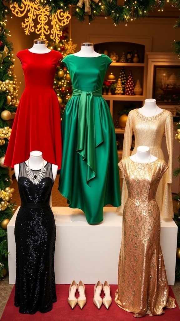 A collection of classy Christmas dresses in red, green, black, and gold, styled with elegant accessories.